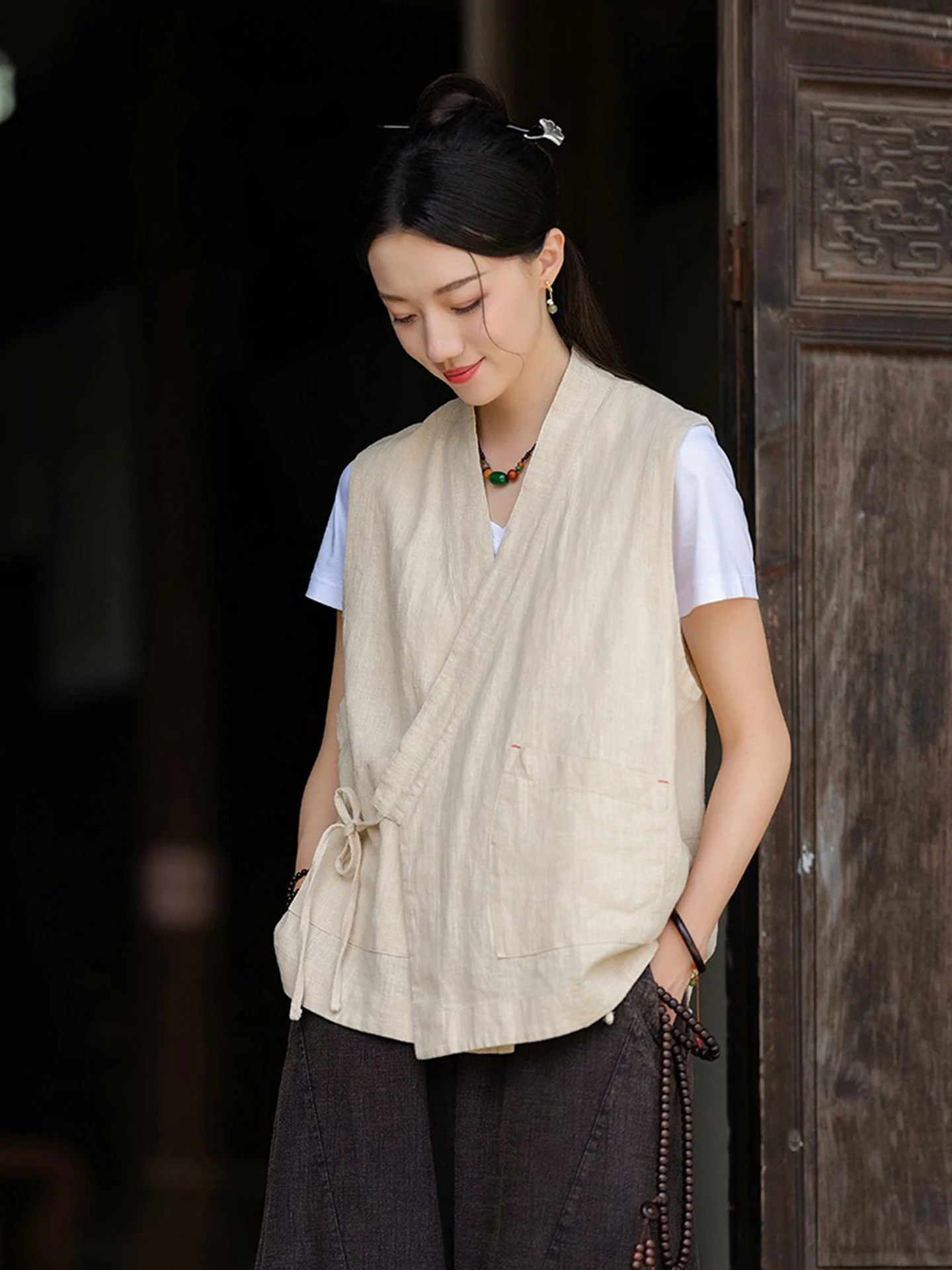 Autumn New Chinese Style Vintage Layered Top Outerwear  Silk Improved Belted Vest Style Tank Top Women's Jacket