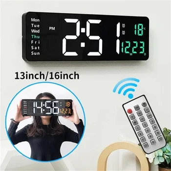 New 13/16 inch LED large digital wall clock remote control temperature date display power off brightness adjustable alarm clock