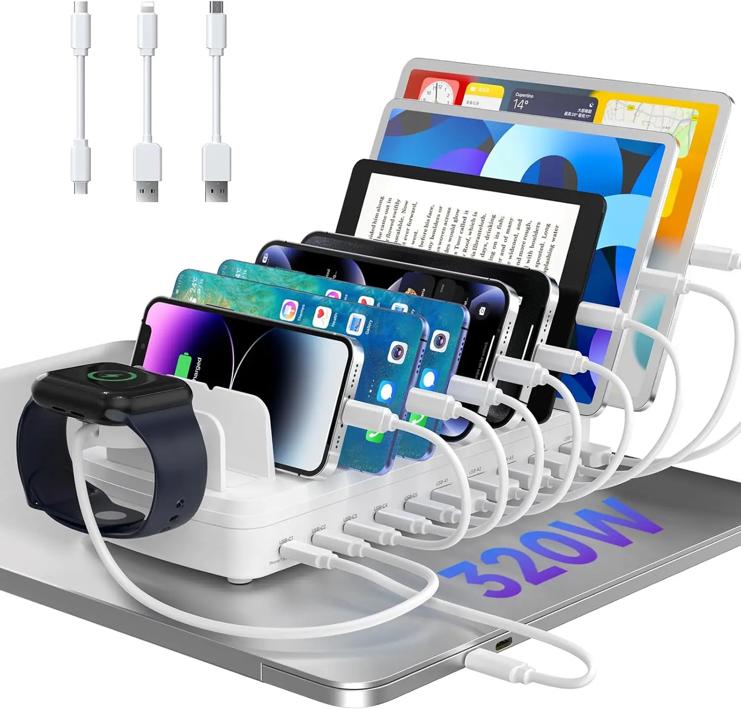 

10-Port Fast Charging Station for Multiple Devices, Compatible with Laptops, iPhones, Android Tablets