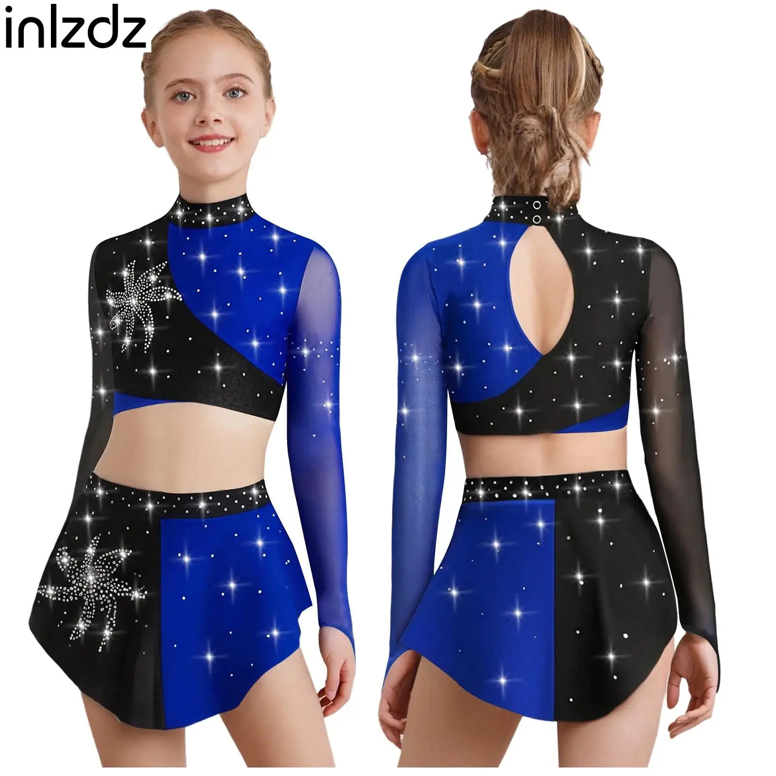 

Teen Girls Figure Skating Outfit Long Sleeve Crop Top+Skirt 2-piece Set for Ballet Lyrical Modern Dance Gymnastics Performance