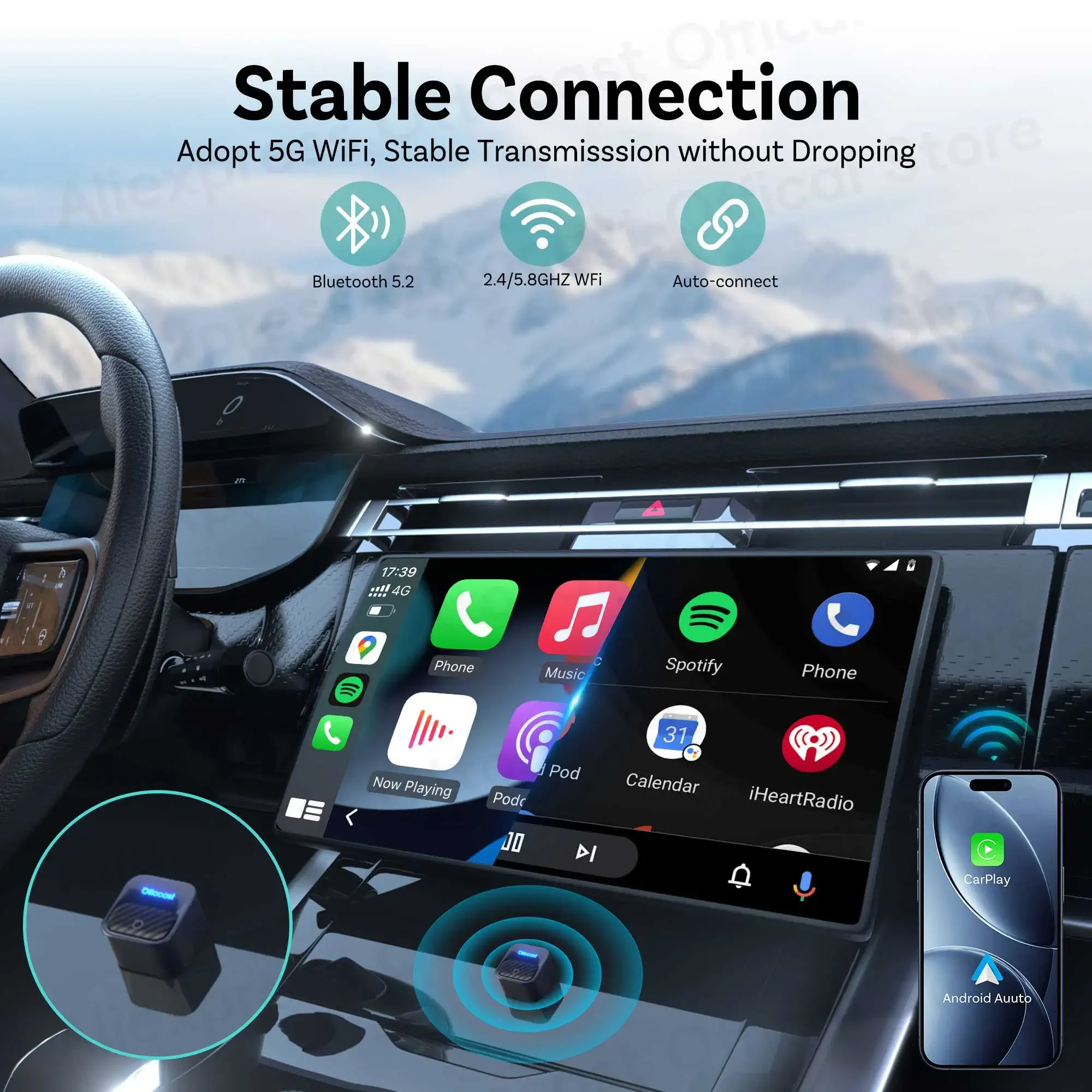 OTTOCAST Wired Wireless Android Auto CarPlay Mini Core Adapter Tiny Cube Dongle for Buick Cadillac Chevrolet Ford Hyundai Lada