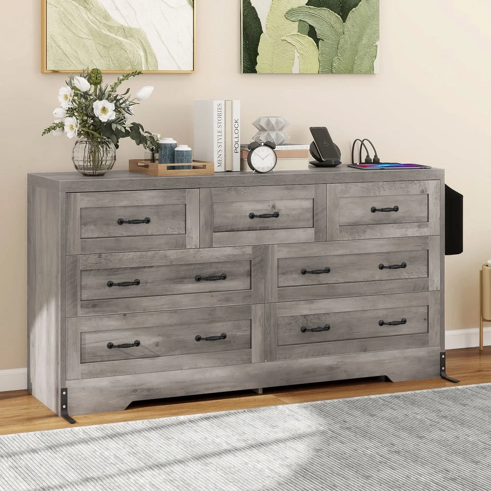 7 Drawer Wood Dresser Cabinet with USB Ports Power Outlets Spacious Storage Anti Tip Safety Features Home Use