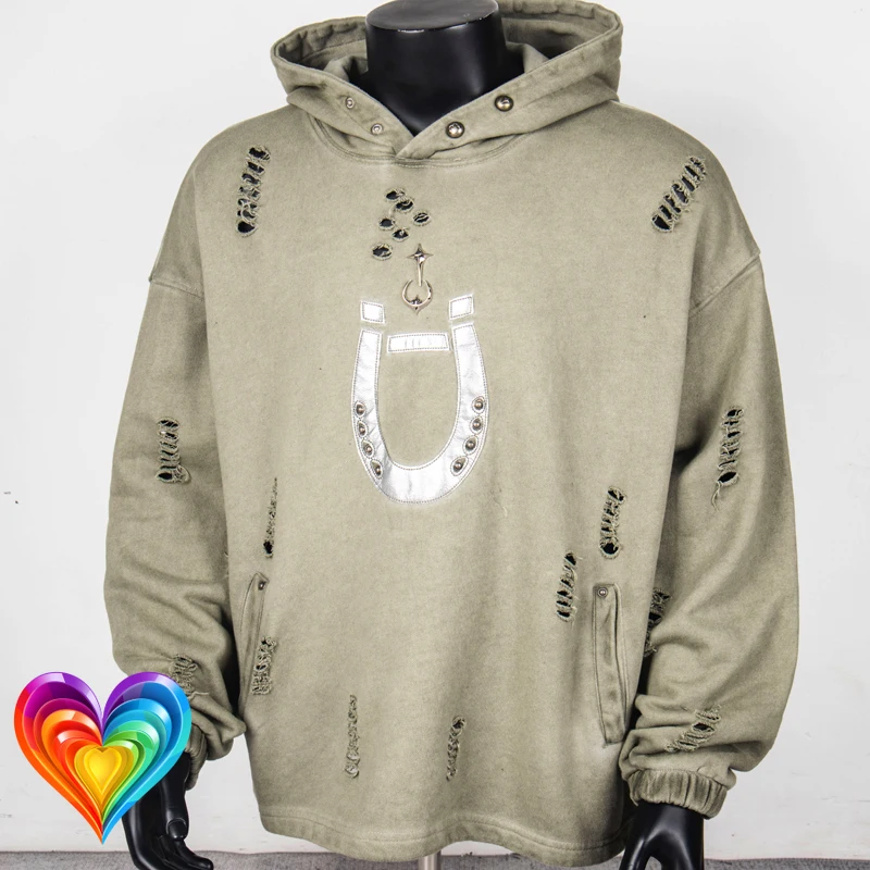 

Hole Damaged Embroidery Hoof Leather Patch Rivet THUG CLUB Hoodie Men Women High Quality Metal Moon Star Logo Loose Pullovers