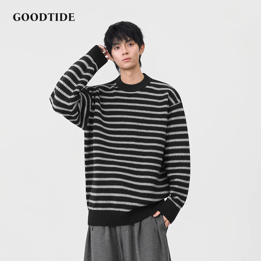 Fashion Men's Casual Crew Neck Sweater 2025 Winter New Stripe Knitted Pullover Comfortable Soft Long Sleeve Jumper Top