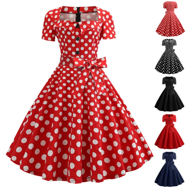 

Women's Vintage Dress, W6002Women's Clothing, Square Collar, Short Sleeve, Natural Color, Belt Waist Swing, Polka Dot, Dot50s