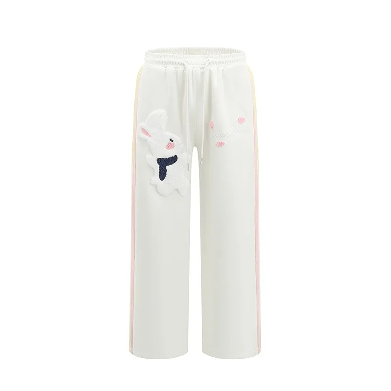 Japanese color striped panty female cartoon embroidery rabbit casual pants straight loose wide-leg pants in spring and autumn.