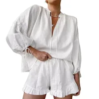Summer Women's Suit 2-piece Sets For Women Long Puff Sleeves Blouse Loose V-neck Lace Up Summer Outfits Ruffle Shorts Beach Sets