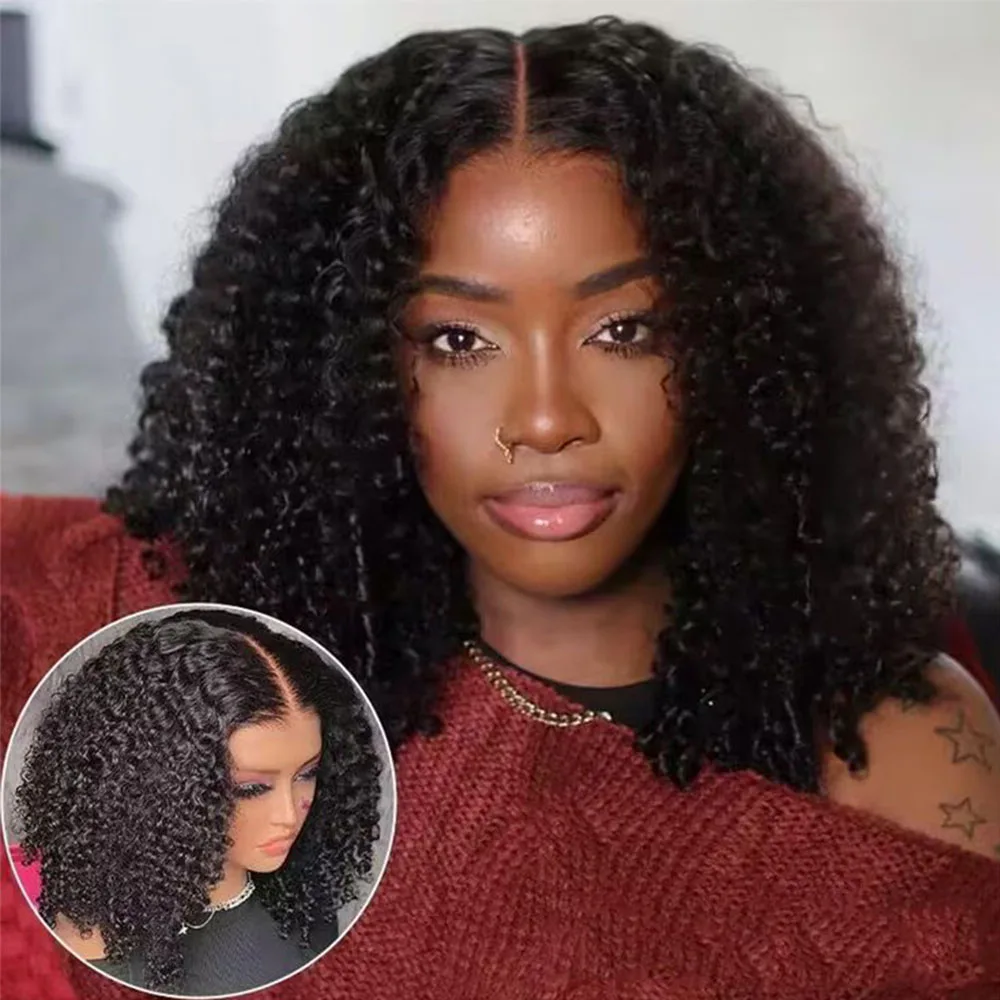 

Kinky Culry Glueless Wig Bob Human Hair Wigs Ready To Wear Pre-Cut Lace Wear And Go Glueless Wig Lace Front Human Hair For Women