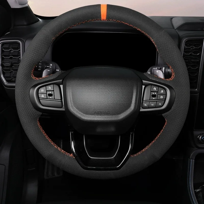 Genuine Leather Suede Braid Customized Car Steering Wheel Cover For Ford Ranger Everest 2022 2023 2024 Car Accessories