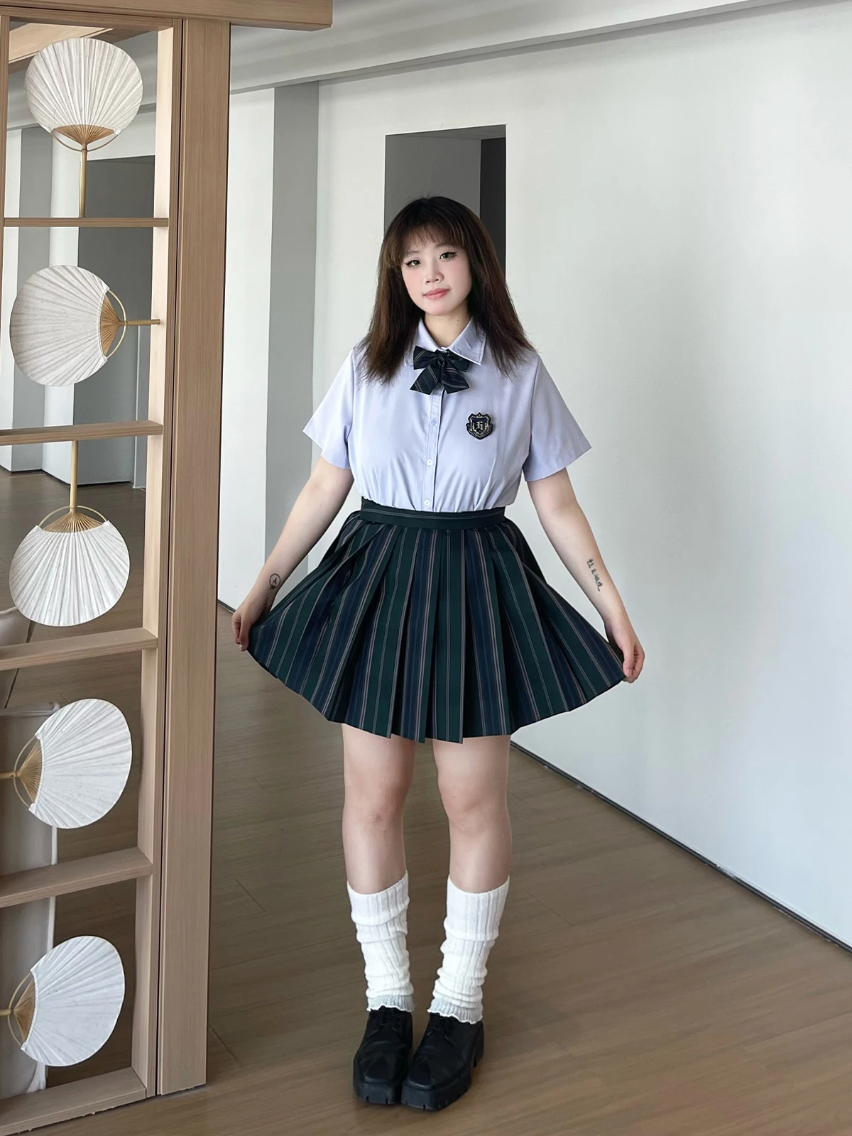 Large Size Jk Dark Green Striped High Waist Age-reducing Short Pleated Skirt Summer Girl Water Purple Leisure Versatile Shirt
