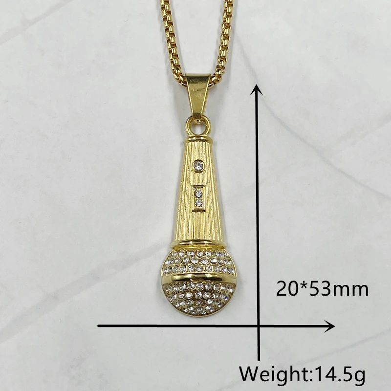 Rapper Microphone Stainless steel Necklace Pendant Men Women Gold Color Rhinestone Necklace Shellhard Hip Hop Jewelry