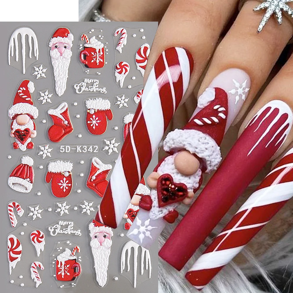 5D Christmas Cartoon Santa Claus Winter Snowflake Elk Bear Penguin Red White Striped Nail Decals Manicure Decor Foils GL5D-K343