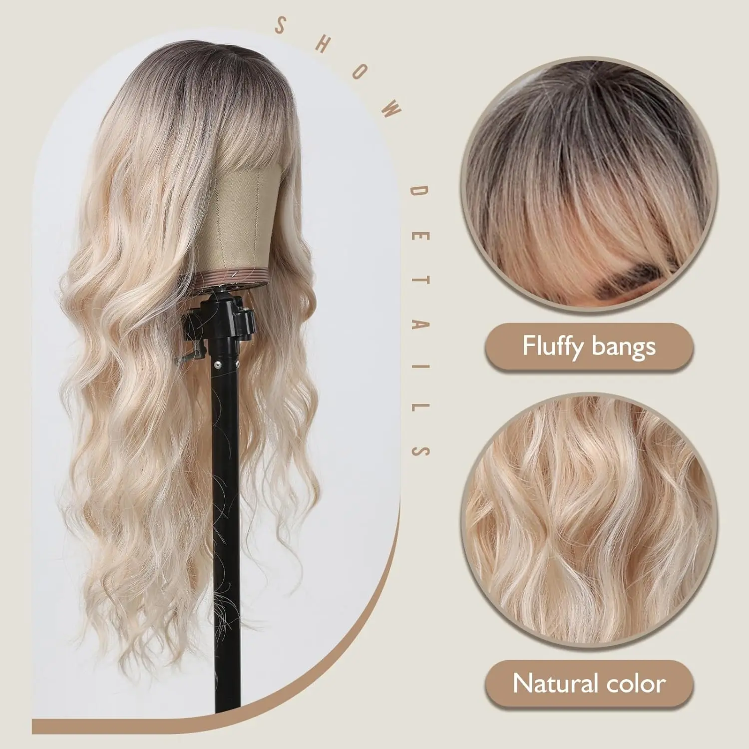 Long Wavy Wigs Blonde Wigs With Bangs For Women Platinum Stripe Highlight Long Curly Wavy Wig With Dark Roots Synthetic Hair Wig