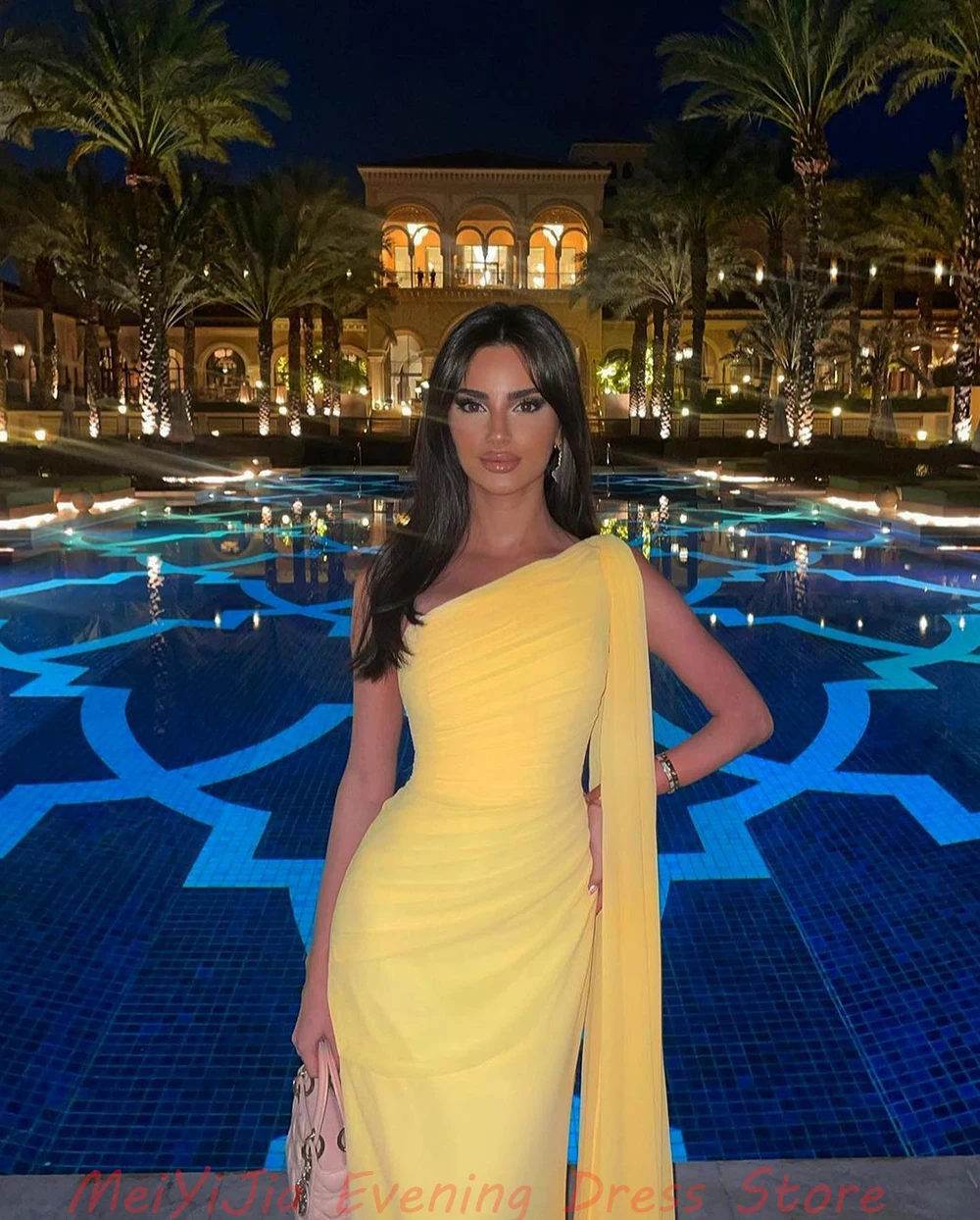 Meiyijia One-shoulder Ruffles Yellow Mermaid Sleeveless Floor-Length robes desoirée  فساتين سه  Arabia 2024 Sexy Evening Dresses