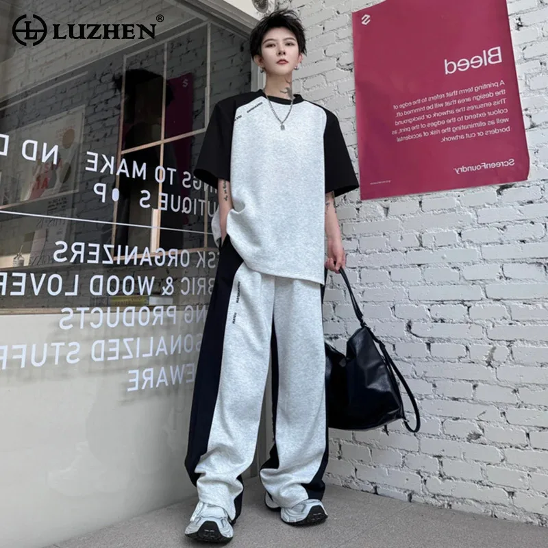 

LUZHEN Contrast Design Trendy Short Sleeved T Shirts Color Two-piece Sets New Stylish Casual Sport Men's Straight Pants LZ9751