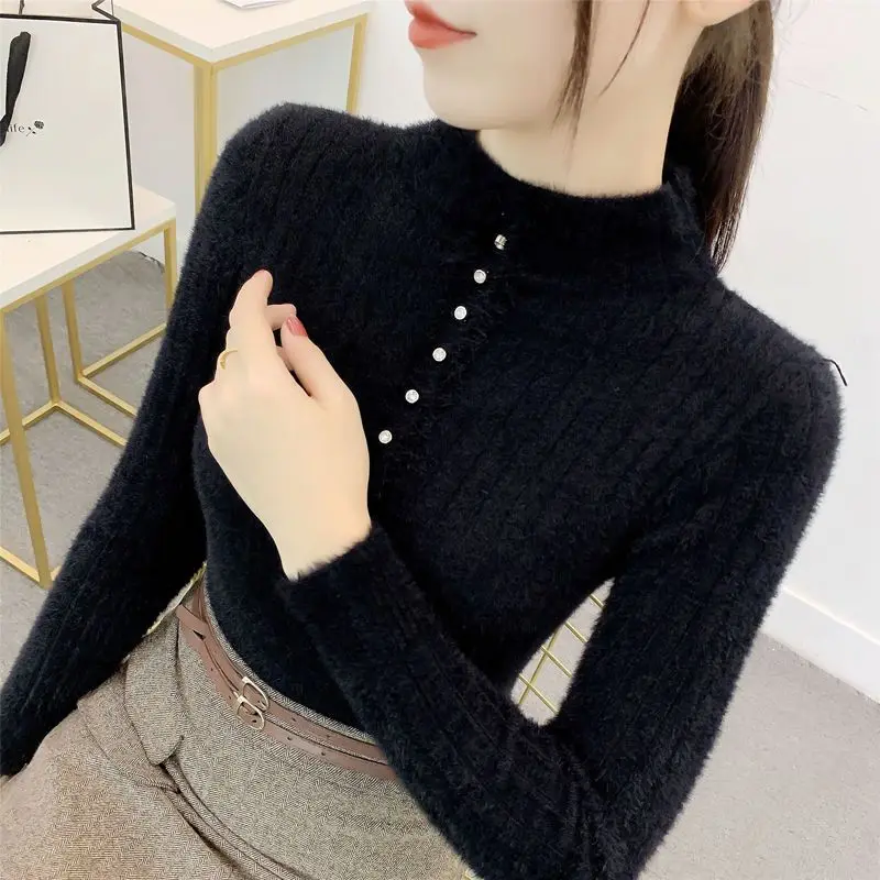 

Women's Autumn Winter Solid Turtleneck Pullover FlockingScrew Thread Button Long Sleeve Sweater Knitted Undershirt Casual Tops