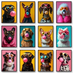 Animals Funny Prints Dog Colorful Bubblegum Sunglasses Poster Samoyed French Bulldog Canvas Painting Wall Art Picture Home Decor