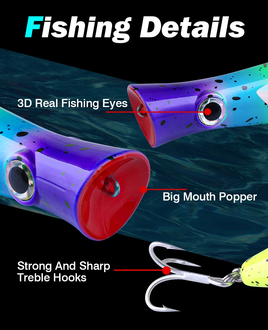 FJORD Popper Angelköder, 49 g, Topwater, schwimmende Oberfläche, Köder mit Drillingshaken, großer Mund, Salzwasser, Meer, harte Köder, Angelwaren – Detail 4