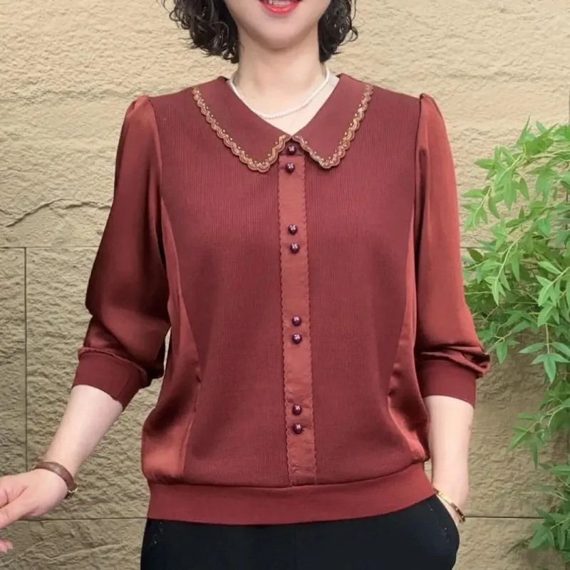 

Осенний модный новый свободный однотонный сложенный топ с длинными рукавами, кукольный воротник, элегантный пуловер в стиле ретро