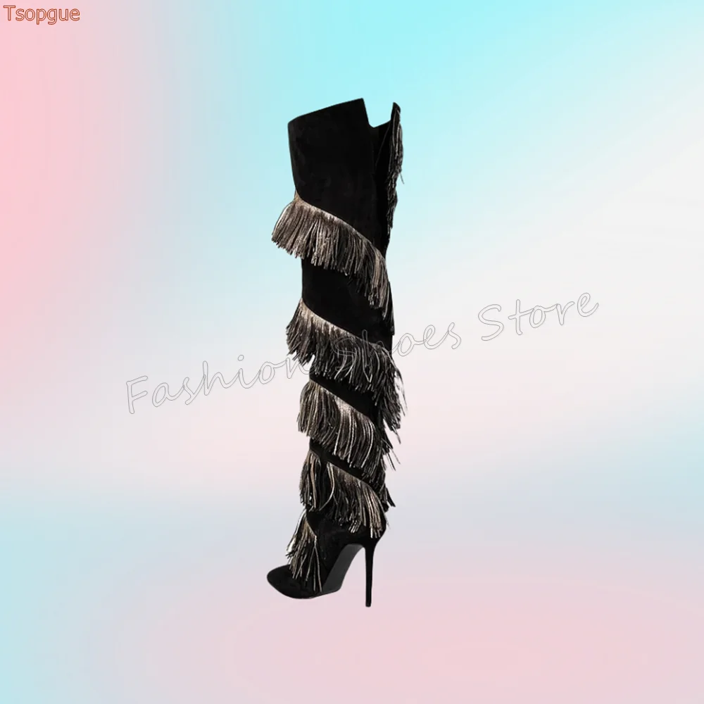 Black Tassels Decor Pointed Toe Boots Stilettos High Heels High Heel Shoes for Women Fashion Heels 2025 New Zapatos Para Mujere