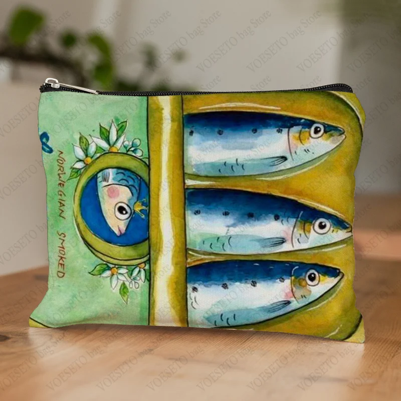 Borsa per cosmetici sardina gourmet, portafoglio realistico di pesce all'olio d'oliva, borsa per il trucco per le donne Astuccio per accessori a tema alimentare per acquerello