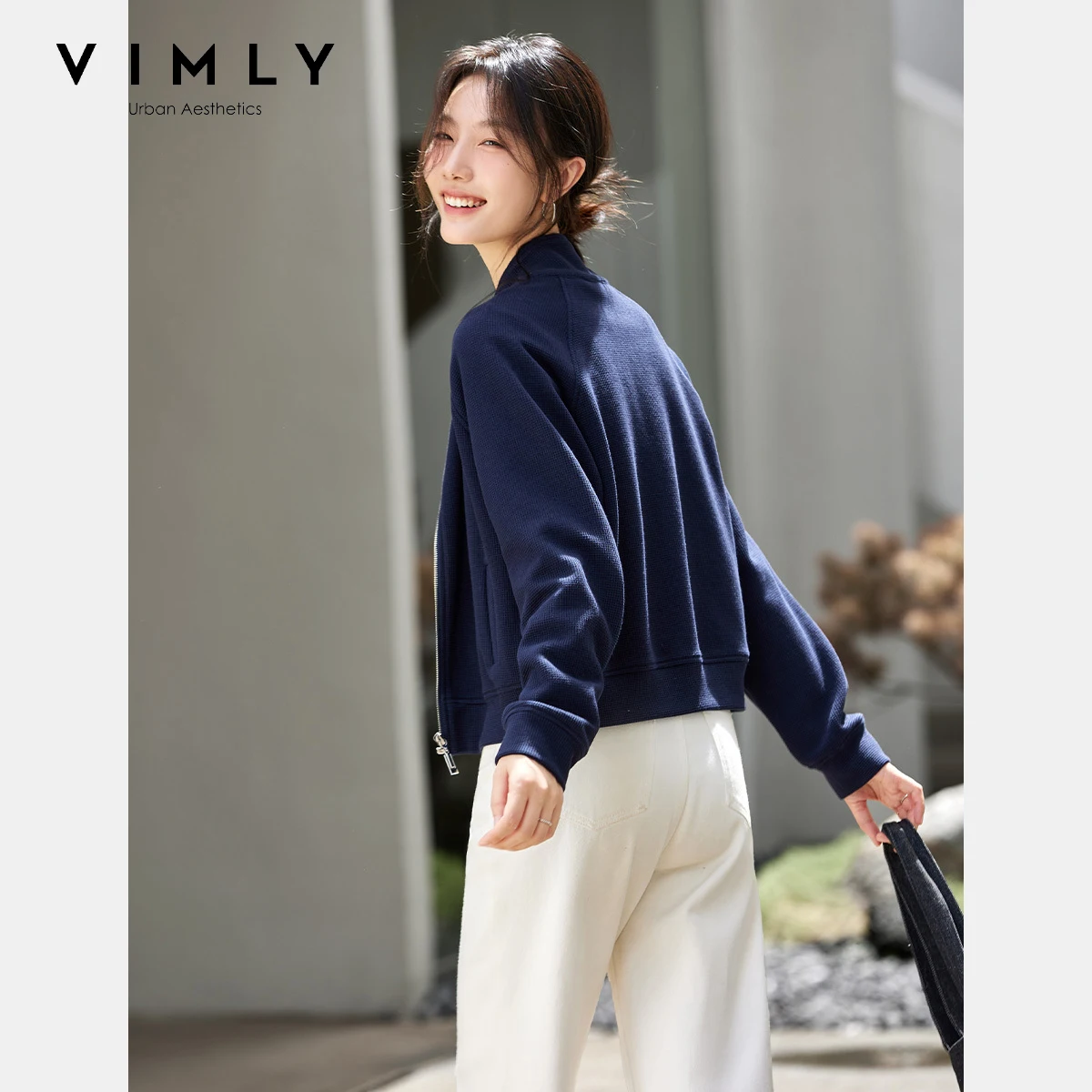 VIMLY Woman Short Jackets Autumn 2025 Elegant Office Wear Long Sleeve Stand Solid Zippers New Ladies Coats Woman Clothing A2037