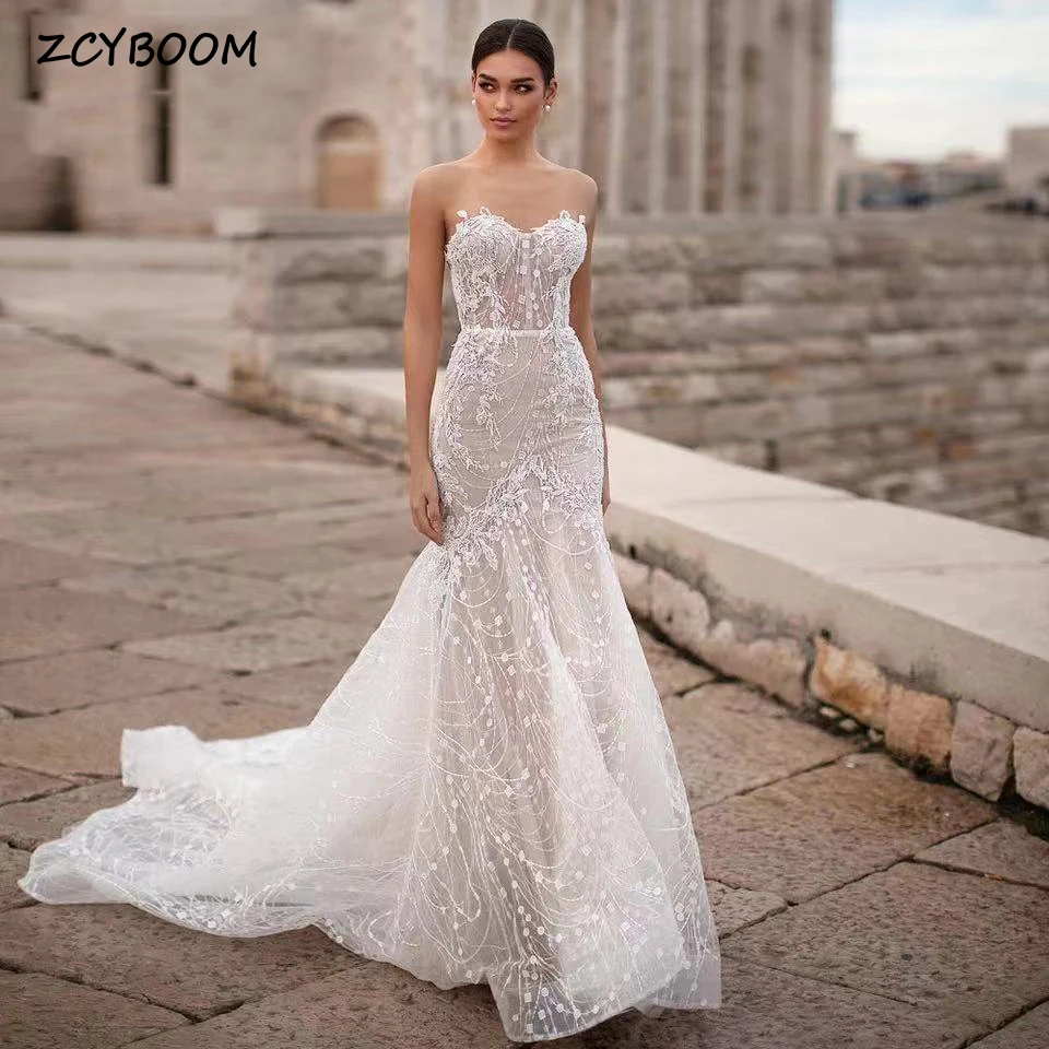 

Customized Strapless Appliques Mermaid Wedding Dress 2025 Sleeveless Floor Length Sweep Train Zipper Custom Made Bridal Gown