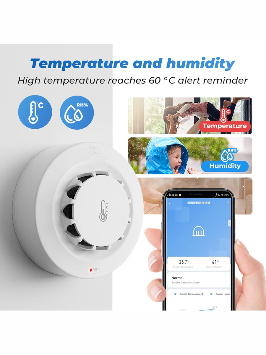 Tuya WiFi Rookmelder Temperatuur- en vochtigheidssensor Rookmelder Brandbeveiligingsalarm Rokerij Combinatie Brandweerlieden - afbeelding 2