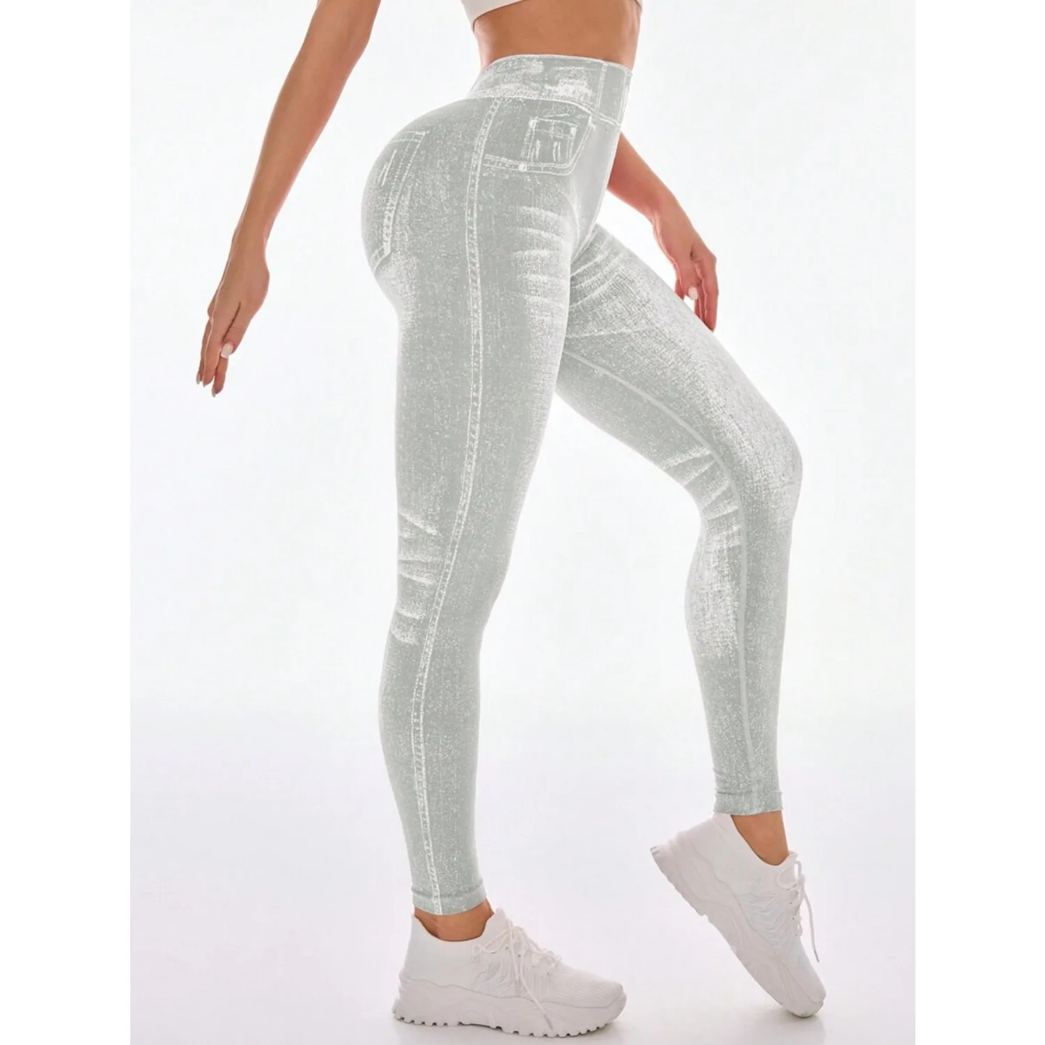 Pantaloni da yoga stampati in denim da donna senza cuciture con vita a V e fianchi color pesca Pantaloni attillati sexy alla moda Pantaloni da palestra per esercizi di yoga