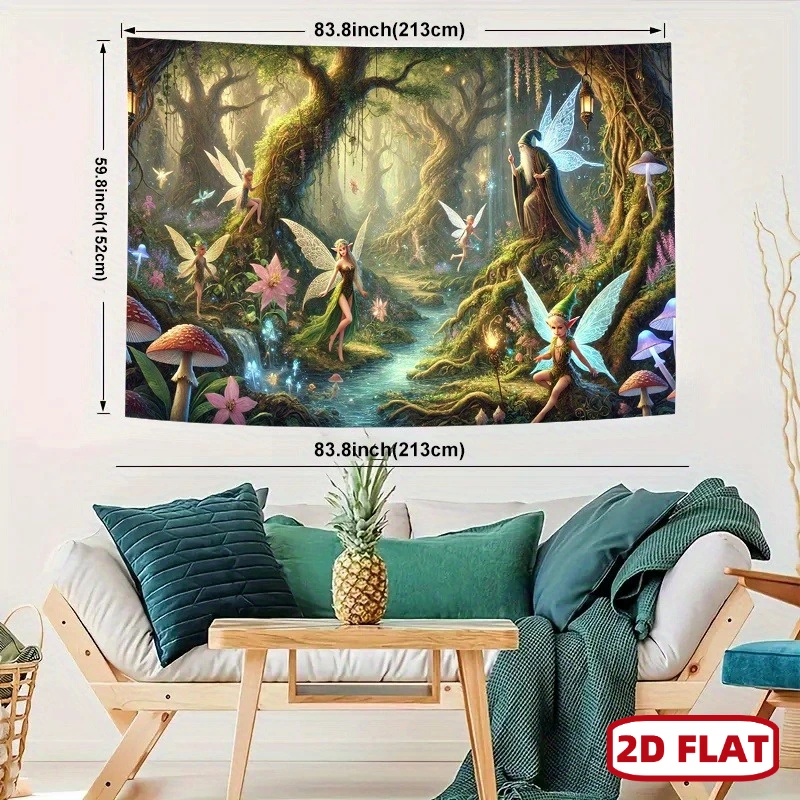 Fantasy Elf Tapestry, Mystic Forest Fairies Wizard Creek Giant Tree Colorful Mushroom Wall Tapestry, Landscape Decor Indoor Wall