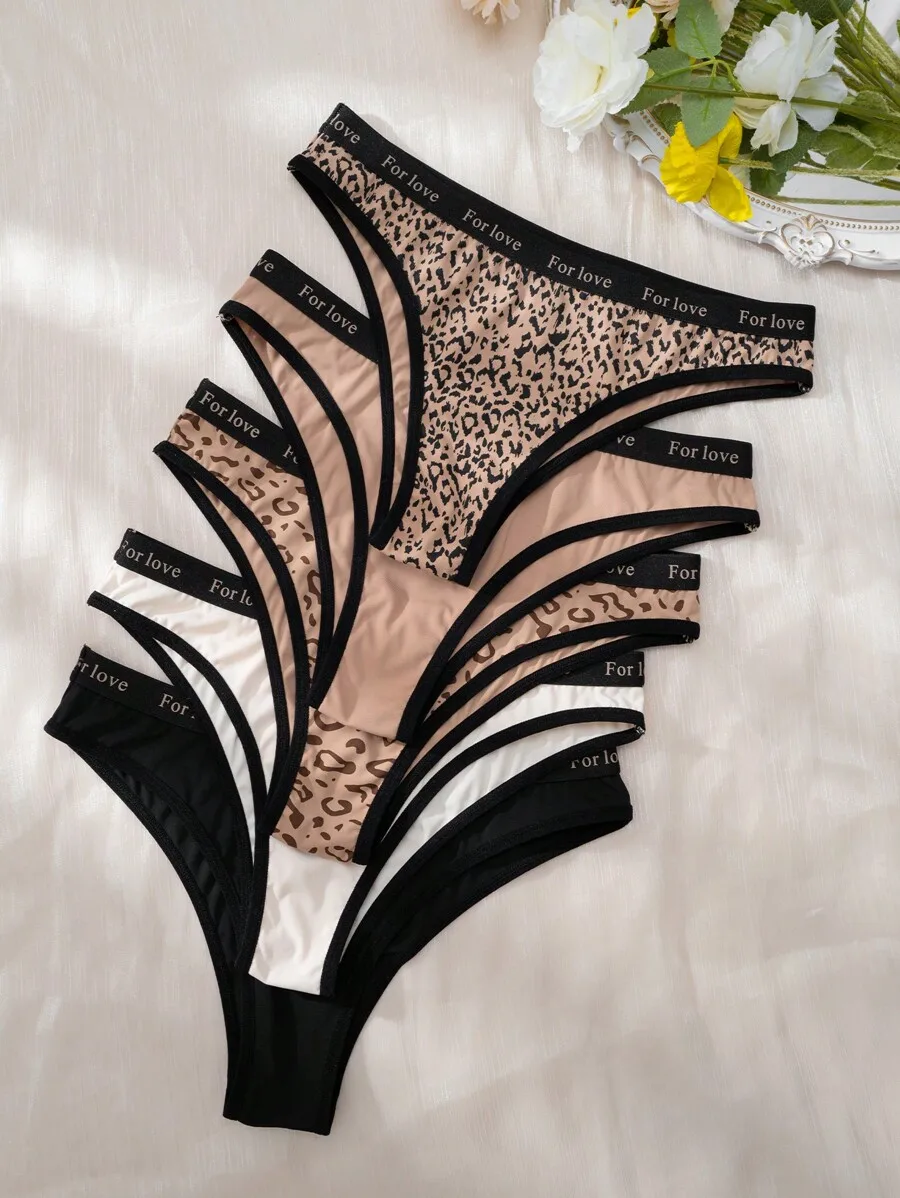 

5pcs Women Leopard Print Contrast Trim Bikini Briefs