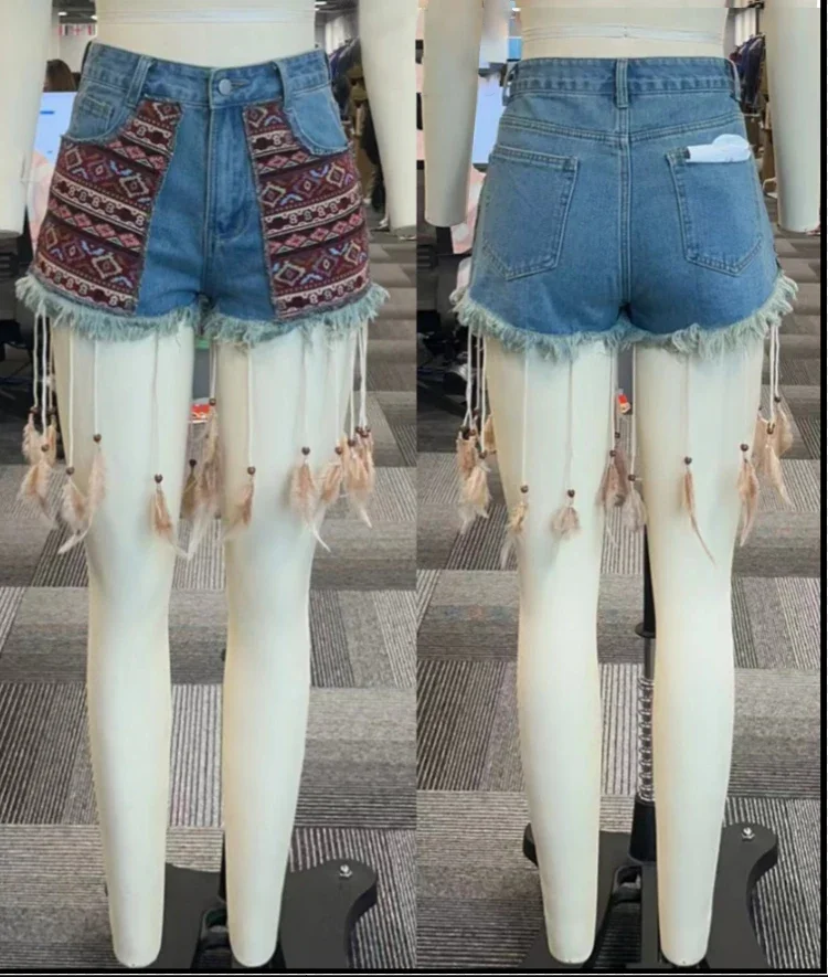 Denim Shorts Women Summer Fashion Bohemian Style Patchwork Raw Edge Tassel High Stretch High Waist Denim Shorts Women