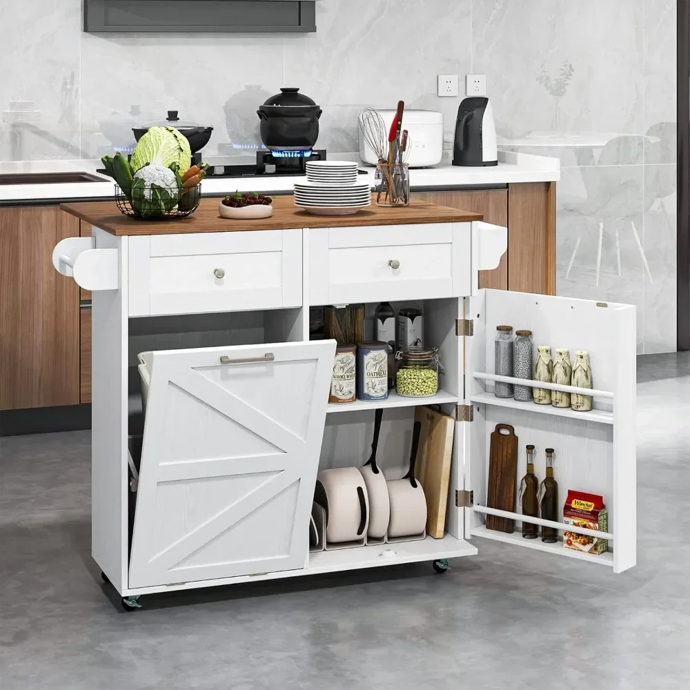 Rolling Kitchen Island with Trash Can Storage Cabinet, Drop Leaf Breakfast Bar Table, Towel Holder, 2 Drawers & Door Racks