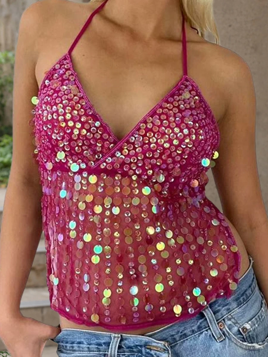 Women Y2k Sparkly Sequin Halter Beaded Camisole Cute Glitter Rhinestone Spaghetti Strap Backless Criss Cross Cami Top Blue