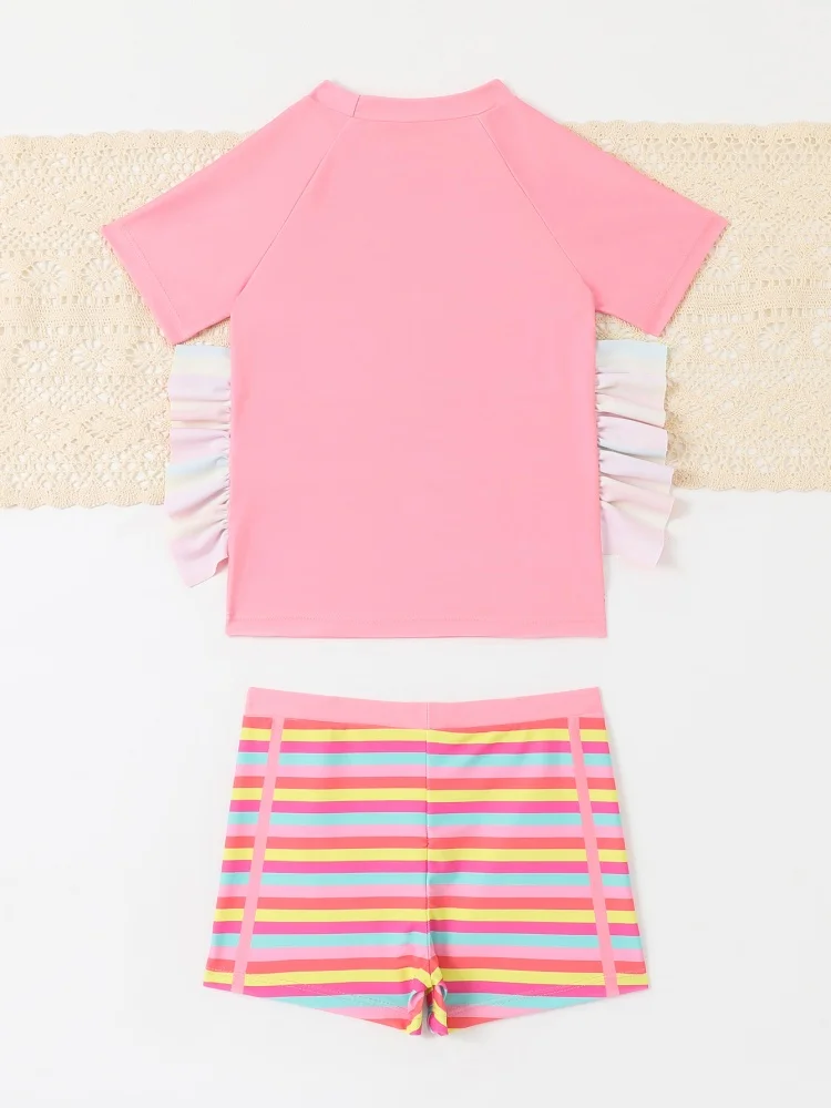 الفتيات الاطفال ملابس السباحة 2026 جديد الوردي قوس قزح الحصان قصيرة الأكمام ملابس سباحة للأطفال الصيف شريط السراويل الشاطئ ثوب السباحة السباحة #3