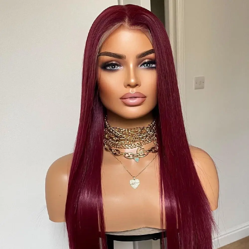 

34 Inch 13x4 Burgundy Straight Lace Front Human Hair Wig Bone Straight Hd Lace Frontal Wigs Colored Red 99J Human Hair Wig