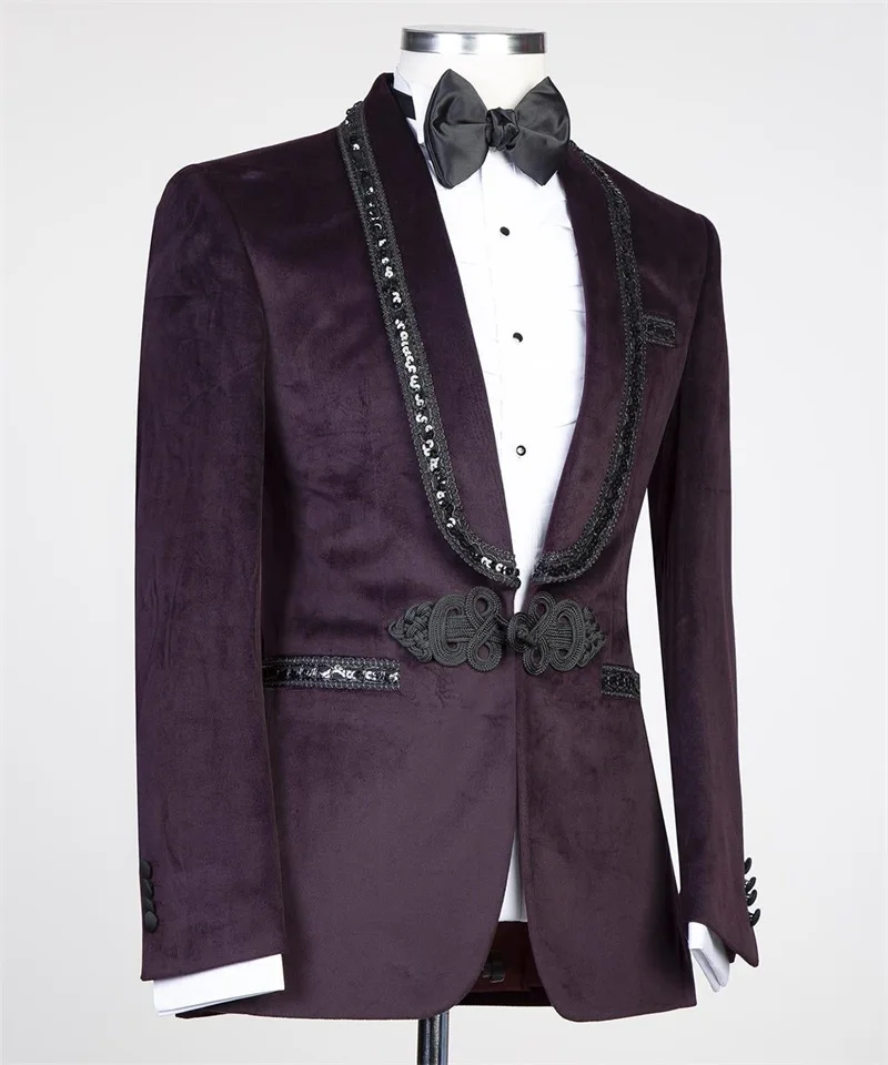 Ensemble de olympiques formels en velours violet pour hommes, blazer et pantalon de smoking de marié, sur mesure, paillettes brillantes, robe de Rh, manteau masculin, mariage, 2 pièces