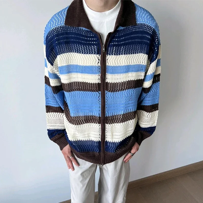 Fashionable Striped Knitted Cardigan Mens Autumn Long Sleeve Buttoned Lapel Sweater Shirt Men Vintage Patchwork Hollow Out Tops