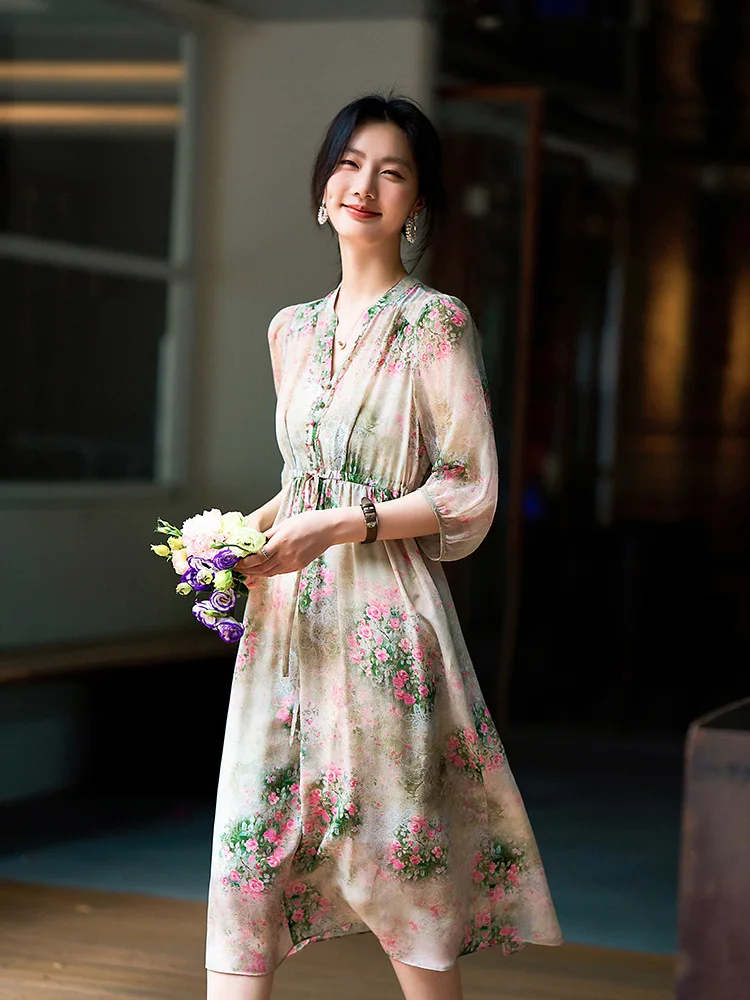 Winsleter-Women's 100%Real Silk Elegant Dress, V Neck 3/4 Sleeve Print Beading, French Vacation Dresses, 2025 Summer D56939CC