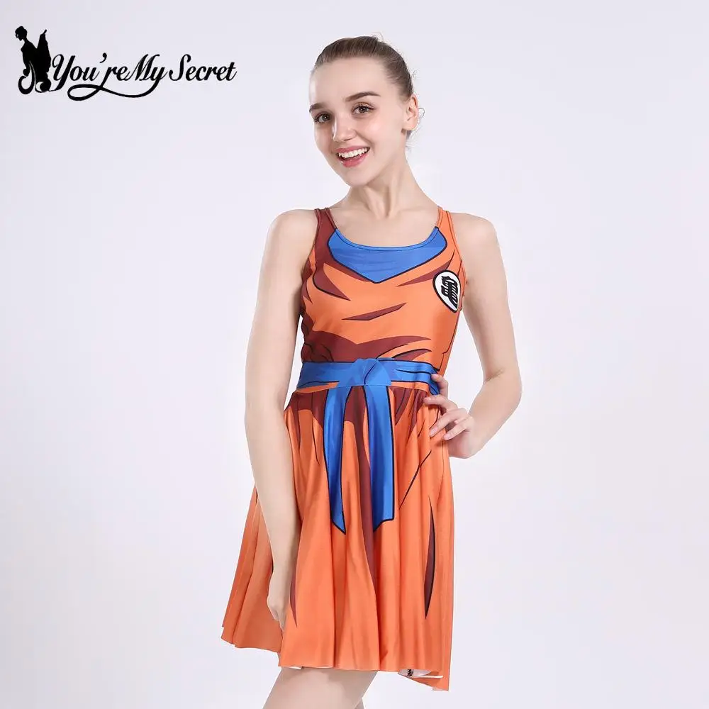 [You're My Secret]Women's Clothing Anime Summer 3D Digital Printed Orange Crew Neck Sleeveless A Line Mini Dress Lady Streetwear