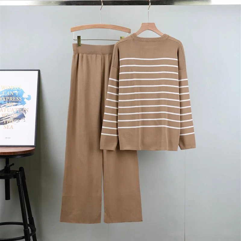 Striped Two Piece Sets Pant Set Women Knitted V Neck Full Sleeve Casual Tops Sweaters Wide Leg Long Pants Elastic Waist Autumn