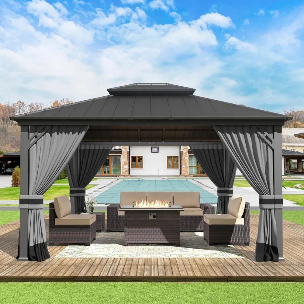 12 'x 14' Grey Hardtop Pavilion with Curtains and Mesh, Double Roof Iron Metal Pavilion Suitable for Terraces, Gardens, Lawns