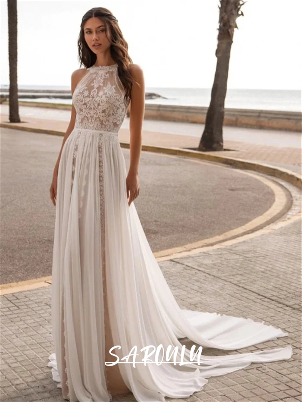 Bohemian Wedding Dress For Beach Wedding, Sleeveless Halter Lace Bride Dresses With Court Train Customzed BOHO Women Bridal Gown