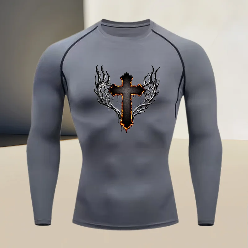 Men's round neck quick drying compression long sleeved printed top - a must-have for high stretch fitness and outdoor sports - Image 4
