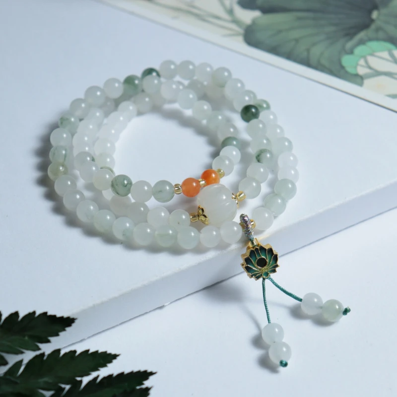 Natural Tianshan Cui Pulseira Três Círculos, Ice Jade, Conta Redonda, Colar Buda, Reiki