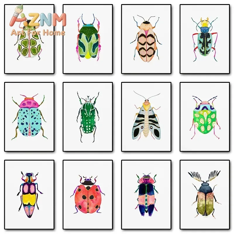 Watercolor Bug Beetle Ladybug Poster Print Colorful Insect Canvas Painting Nature Wall Art Picture Nursery Kids Room Home Decor