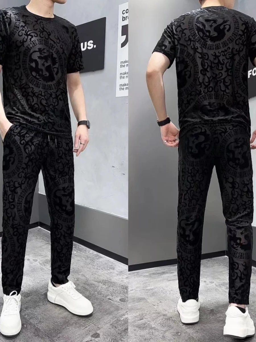 Heavyweight Flocking Breathable Short Sleeve Long Pants Set Men's Tang Costume Hollow Dragon Totem Smooth Casual Two-piece Set