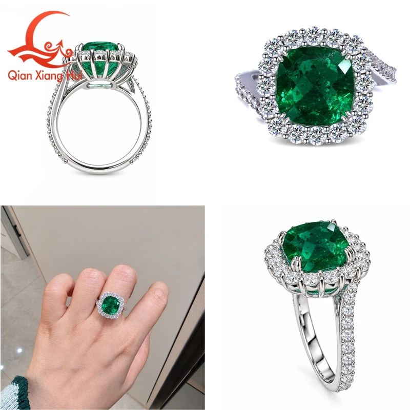 925 Sterling Silver Ring Cushion Cut Lab Grown Emerald 8mm 10mm, White Moissanite Halo and Shank Women Engagement Statement Ring
