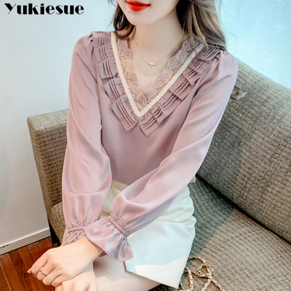 

Temperament Korean Aestheticism V-neck Ruffled Straight Tube Shirt Women's Lace Patchwork Chiffon Top Spring Summer Style Design