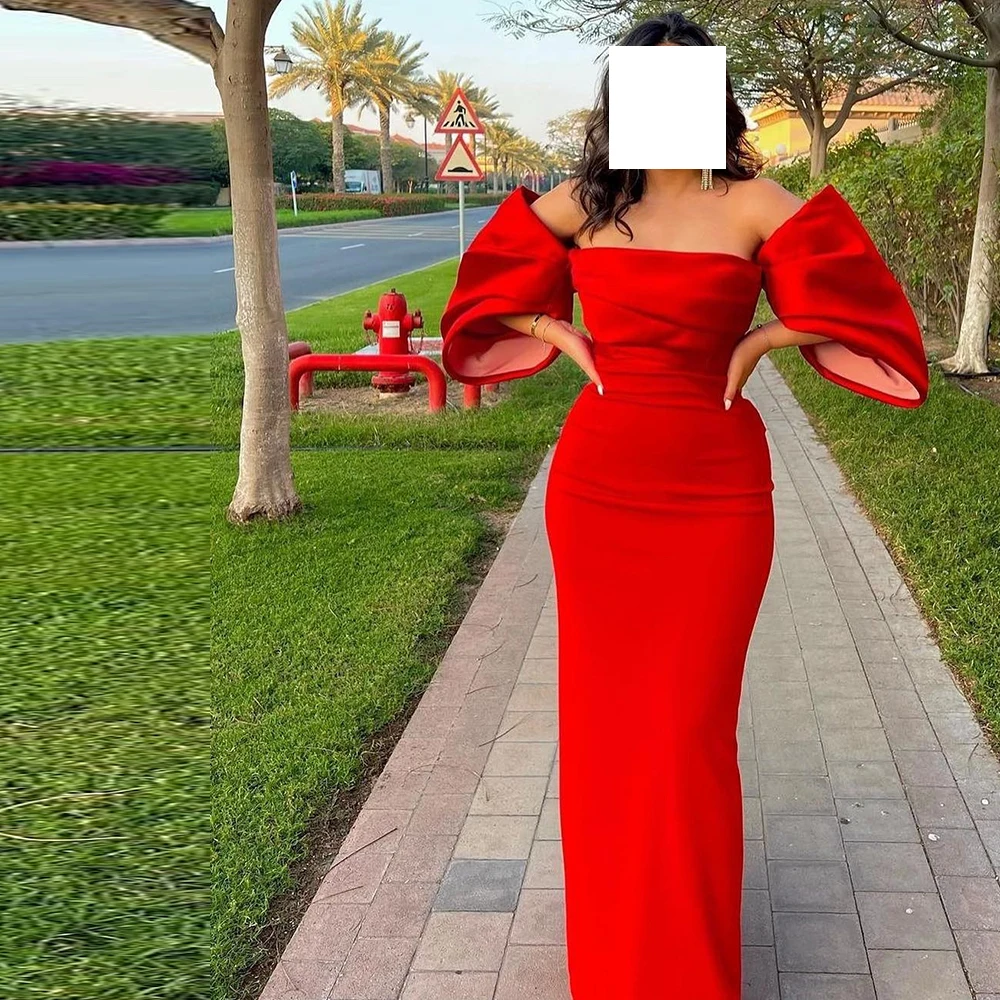 

Elegant Straight Floor length Flare Sleeve Boat Neck Satin Pleats Red Evening Dresses Party Gowns Vestido De Festa Women